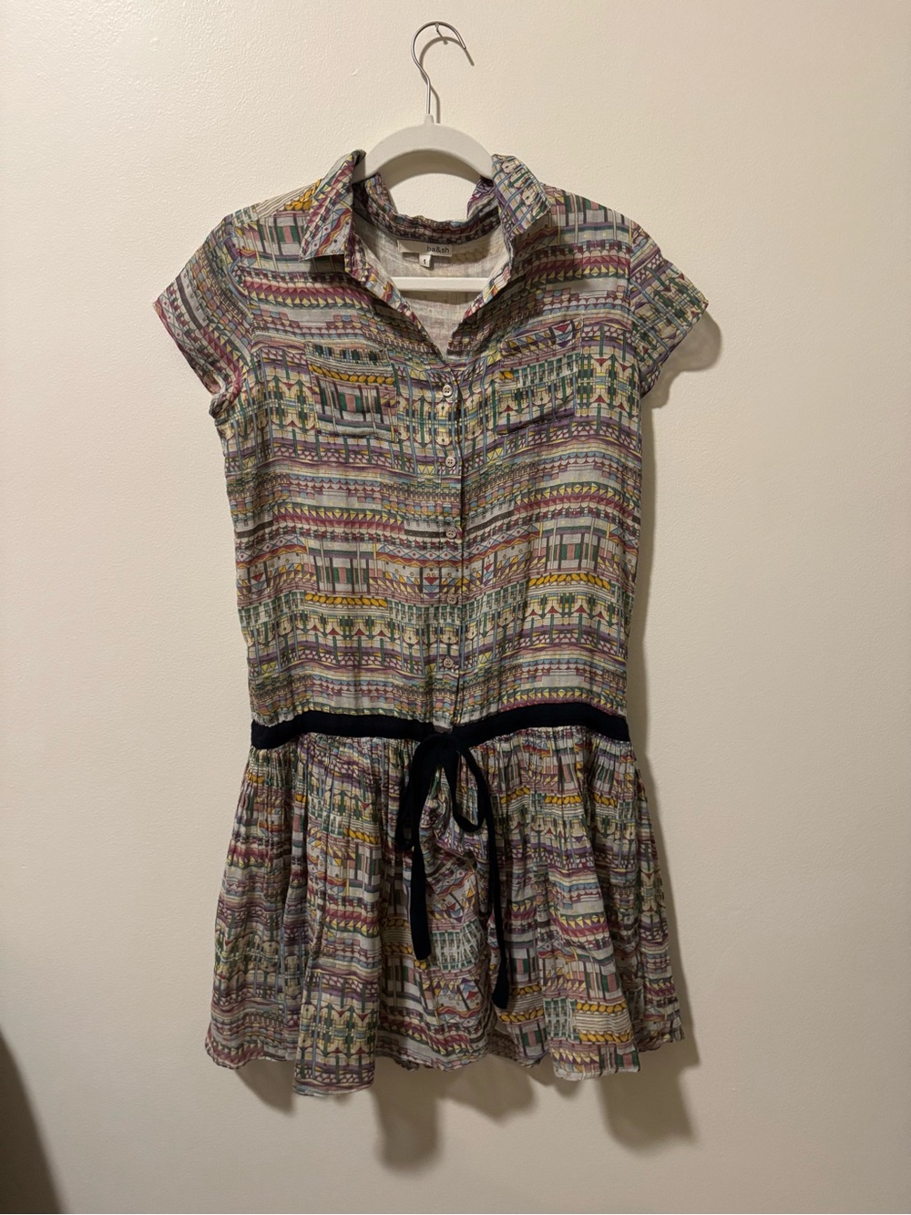 ba&sh Multicolor Patterned Short-Sleeve Shirt Dress with Black Tie